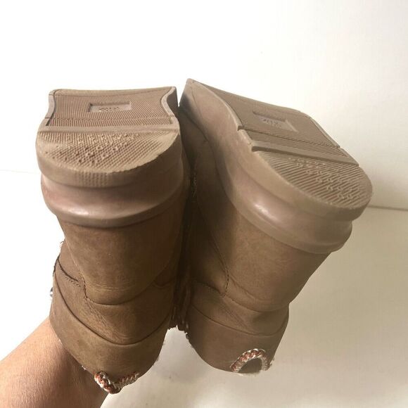 Zara Brown Leather Ankle Boot Lace/Zip Up Big Kids Sz EU 34/35 US 3.5/4 Faux Fur - Picture 9 of 11